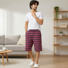 Red-Navy Check Capri Lounge Pajama - Elastic Waist - M-120