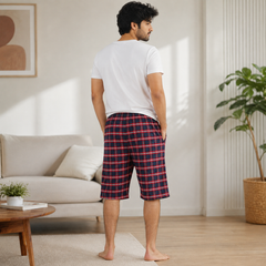 Red-Navy Check Capri Lounge Pajama - Elastic Waist - M-120