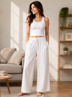 Off-White Striped Wide Leg Palazzo - Elastic Waist - W-80