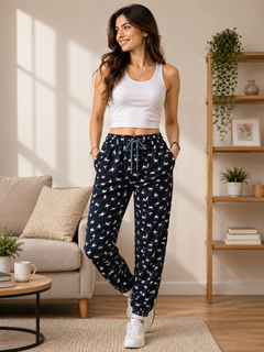 Cat Print Lounge Pant - Elastic Waist, Drawstring - W-81