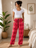 Unisex Red Check Plaid Lounge Pajama Pant - Elastic Waist - W-83