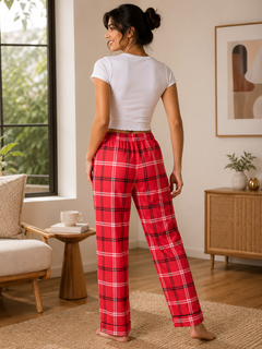 Unisex Red Check Plaid Lounge Pajama Pant - Elastic Waist - W-83