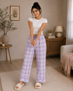 Mauve Plaid Lounge Pant - Elastic Waist with Drawstring - W-100