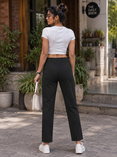 Black Solid Tailored Pant - Straight Fit, Ankle Length - W-107