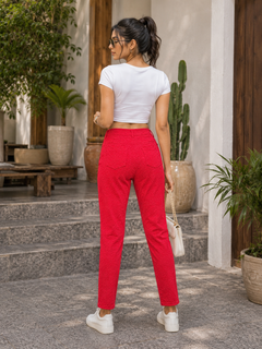 Cherry Red High Waist Textured Skinny Pant - 4 Button - W-108