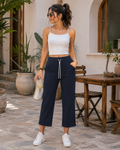 Slim Comfort Straight Capri Pants - Elastic Waist, Back Pockets - W-110
