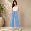 Wide Leg Denim Pants - Elastic Waist, Frayed Hem - W-109