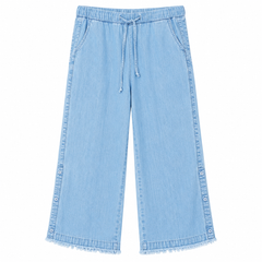 Wide Leg Denim Pants - Elastic Waist, Frayed Hem - W-109