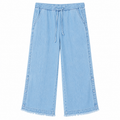 Wide Leg Denim Pants - Elastic Waist, Frayed Hem - W-109