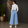 Wide Leg Denim Pants - Elastic Waist, Frayed Hem - W-109