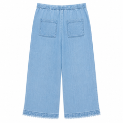 Wide Leg Denim Pants - Elastic Waist, Frayed Hem - W-109