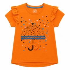 Umbrella Heart Print T-Shirt - Ruffle Sleeve, Lace & Bow - K-55