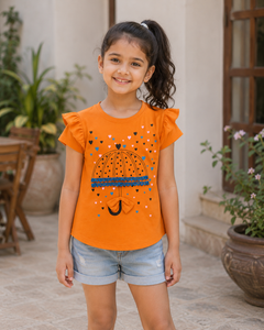 Umbrella Heart Print T-Shirt - Ruffle Sleeve, Lace & Bow - K-55