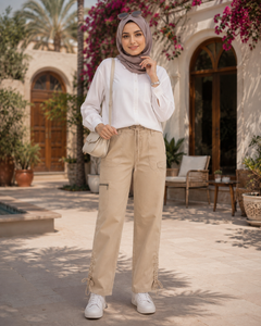 Beige 3-Quarter Cargo Capri Pants - Drawstring Waist, Multi Pocket - U-5