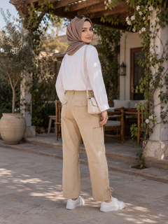Beige 3-Quarter Cargo Capri Pants - Drawstring Waist, Multi Pocket - U-5