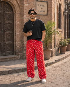 Bow Print Lounge Pajama - Elastic Waist, Relaxed Fit - U-11