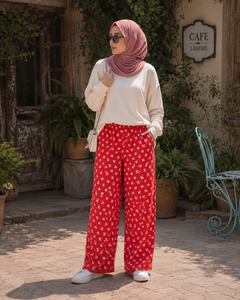 Bow Print Lounge Pajama - Elastic Waist, Relaxed Fit - U-11