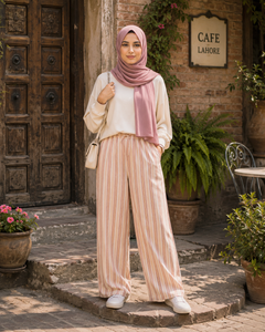 Striped Wide Leg Pajama - Elastic Waist with Drawstring - U-12