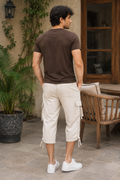 Utility Cargo 3-Quarter Capri Pants - Elastic Waist, Side Pockets - U-16