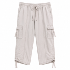 Utility Cargo 3-Quarter Capri Pants - Elastic Waist, Side Pockets - U-16