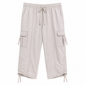 Utility Cargo 3-Quarter Capri Pants - Elastic Waist, Side Pockets - U-16