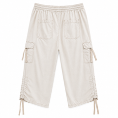 Utility Cargo 3-Quarter Capri Pants - Elastic Waist, Side Pockets - U-16