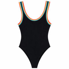 Women's Black Ribbed Bodysuit with Rainbow Trim - W-112