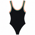 Women's Black Ribbed Bodysuit with Rainbow Trim - W-112