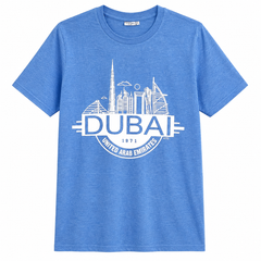 Men's Sky Blue Cotton T-Shirt with Dubai Skyline Print - U-46