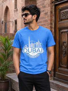 Men's Sky Blue Cotton T-Shirt with Dubai Skyline Print - U-46