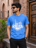 Men's Sky Blue Cotton T-Shirt with Dubai Skyline Print - U-46