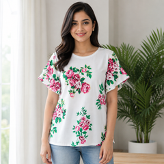 Pretty White Floral Butterfly Sleeve Top - W-118