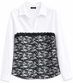 White Cotton Shirt with Black Lace Front Panel - W-113