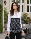 White Cotton Shirt with Black Lace Front Panel - W-113