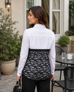 White Cotton Shirt with Black Lace Front Panel - W-113