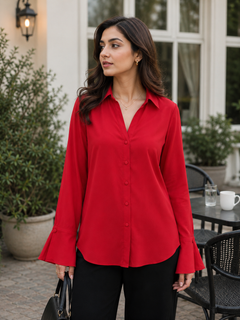Stylish Red Chiffon Shirt with Flare Sleeves - W-114