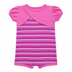Pink Striped Romper With Stylish Crossover yoke Cap Sleeves - K-24