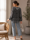 Women's Charcoal Lace Print Georgette Top - Tie Neck, Full Sleeve - W-57
