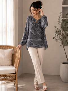 Women's Charcoal Lace Print Georgette Top - Tie Neck, Full Sleeve - W-57