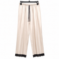 Women Beige Striped Satin Lounge Pants Lace Hem - W-47