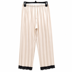 Women Beige Striped Satin Lounge Pants Lace Hem - W-47