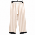 Women Beige Striped Satin Lounge Pants Lace Hem - W-47