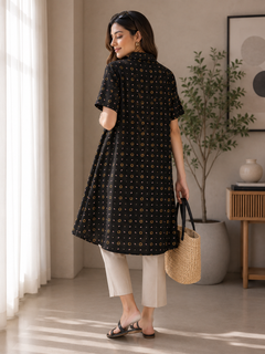 Women's Black Geometric Print Viscose Short Sleeve Button Front - W-58