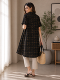 Women's Black Geometric Print Viscose Short Sleeve Button Front - W-58