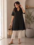 Women's Black Geometric Print Viscose Short Sleeve Button Front - W-58