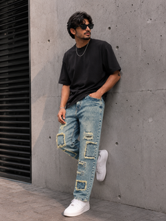 Mens Acid Wash Patchwork Ripped Jeans - M-119