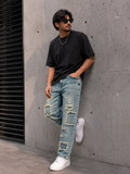 Mens Acid Wash Patchwork Ripped Jeans - M-119
