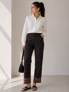 Women Black Printed Ankle Pants Ethnic Border Hem - W-44