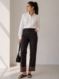 Women Black Printed Ankle Pants Ethnic Border Hem - W-44