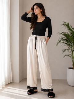 Women Beige Striped Satin Lounge Pants Lace Hem - W-47